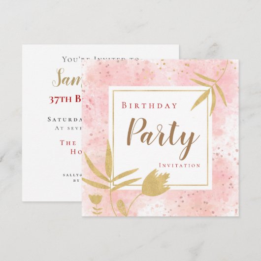 Roze Waterverf Confetti Gold Leaf/Floral Birthday Kaart (Voorkant / Achterkant)