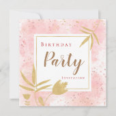 Roze Waterverf Confetti Gold Leaf/Floral Birthday Kaart (Voorkant)