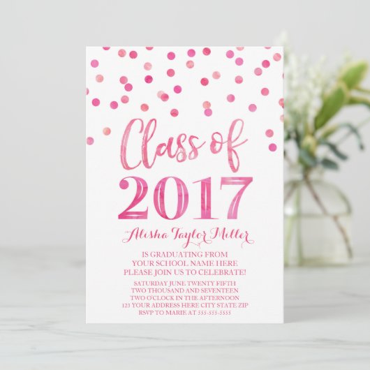Roze Waterverf Confetti Graduation Party Kaart (Staand voorkant)