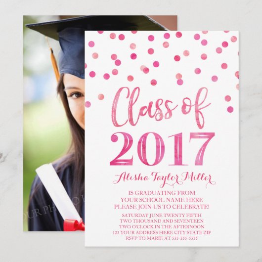 Roze Waterverf Confetti Graduation Party Kaart (Voorkant / Achterkant)