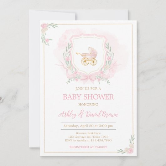 Roze Waterverf Crest Baby shower Kaart (Voorkant)