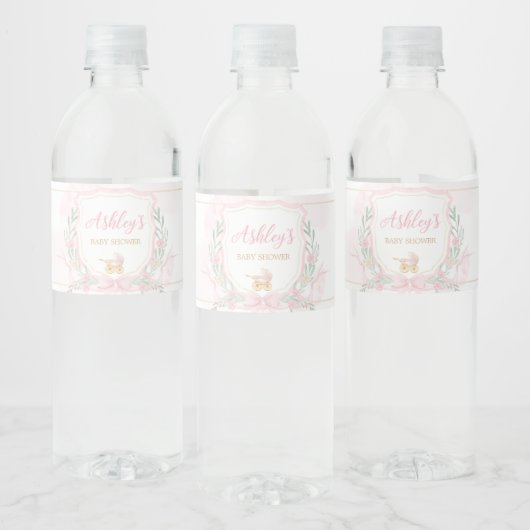 Roze Waterverf Crest Baby shower Waterfles Etiket (Flessen)