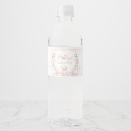 Roze Waterverf Crest Baby shower Waterfles Etiket (Voorkant)