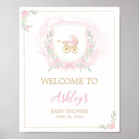 Roze Waterverf Crest Baby shower Welkom Poster (Voorkant)