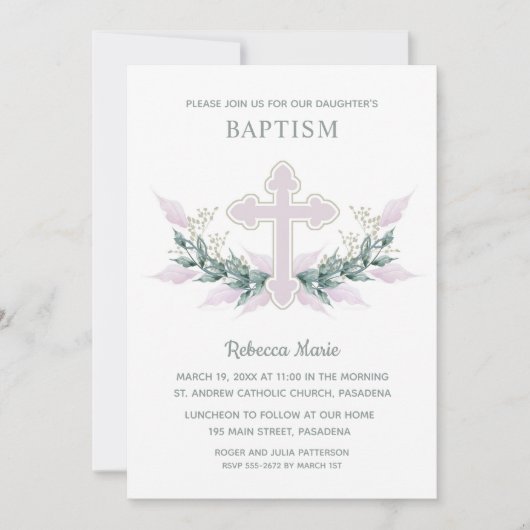 Roze Waterverf Cross Baptisme Kaart (Voorkant)