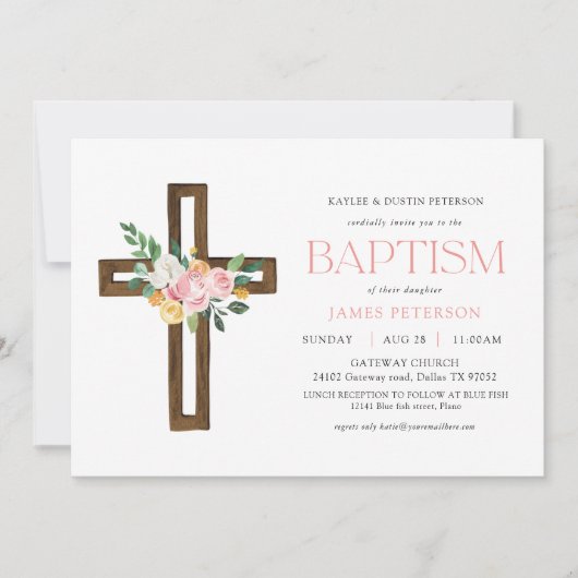 Roze Waterverf Cross Floral Baptism Uitnodiging (Voorkant)