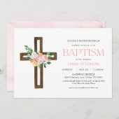 Roze Waterverf Cross Floral Baptism Uitnodiging (Voorkant / Achterkant)