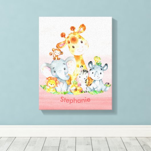 Roze Waterverf Cute Safari Oerwouden Canvas Afdruk (Insitu (Houten vloer))