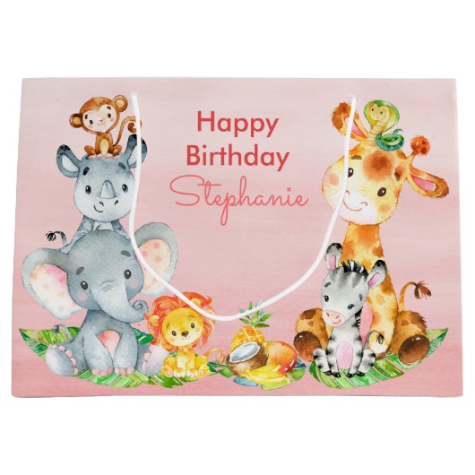 Roze Waterverf Cute Safari Oerwouden Groot Cadeauzakje (Voorkant)