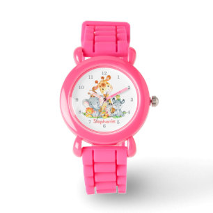 Roze Waterverf Cute Safari Oerwouden Horloge