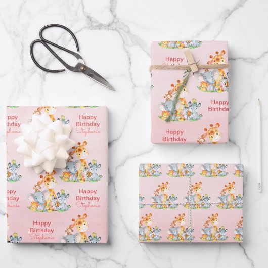 Roze Waterverf Cute Safari Oerwouden Inpakpapier Vel (Voorkant)