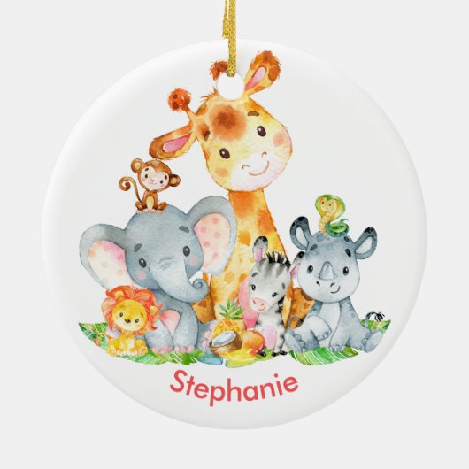 Roze Waterverf Cute Safari Oerwouden Keramisch Ornament (Achterkant)