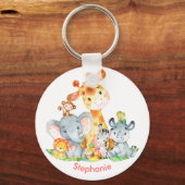 Roze Waterverf Cute Safari Oerwouden Sleutelhanger (Voorkant)
