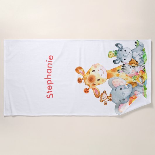 Roze Waterverf Cute Safari Oerwouden Strandlaken (Voorkant)