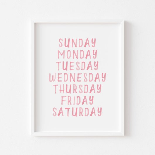 Roze waterverf dagen van week educatief poster