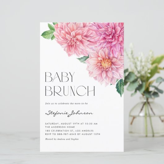 Roze Waterverf Dahlia Baby shower Invitation (Staand voorkant)