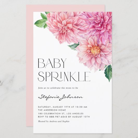 Roze Waterverf Dahlia Baby Sprinkle Invitation (Voorkant / Achterkant)