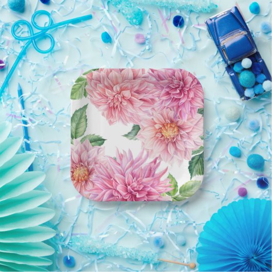 Roze Waterverf Dahlia Bloemmotief Papieren Bordje (Feest)
