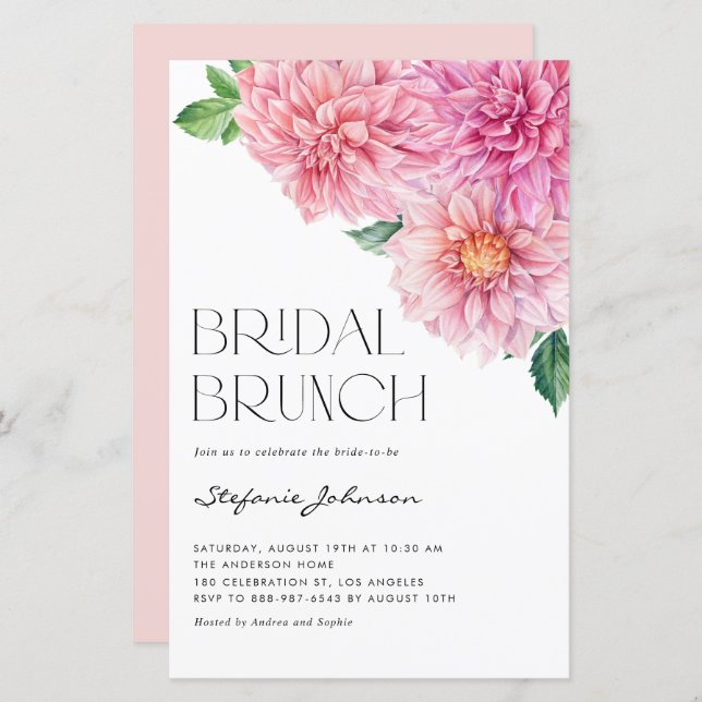 Roze Waterverf Dahlia Bridal Brunch Invitation (Voorkant / Achterkant)