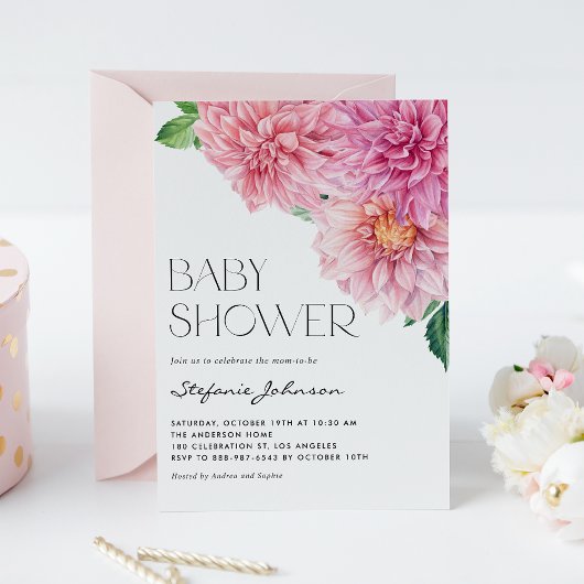 Roze Waterverf Dahlia Floral Baby shower Kaart