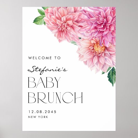 Roze Waterverf Dahlia Spring Baby Brunch Welkom Poster (Voorkant)