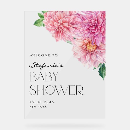 Roze Waterverf Dahlia Spring Baby shower Welkom Acryl Bord (Voorkant)
