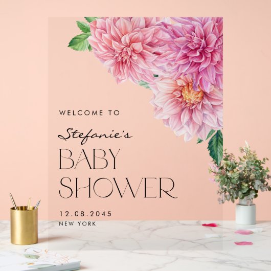 Roze Waterverf Dahlia Spring Baby shower Welkom Acryl Bord (Huwelijk)