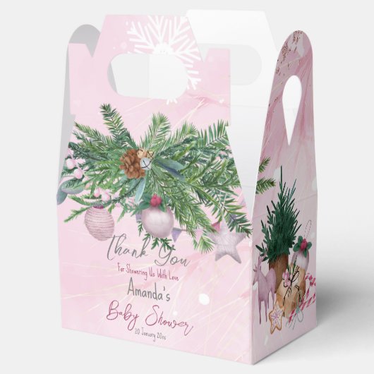 Roze waterverf dennenversiering winterschoen bedankdoosjes (Geopend)