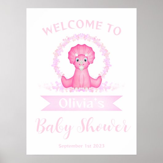 Roze Waterverf Dinosaur Baby shower Welkomstteken Poster (Voorkant)