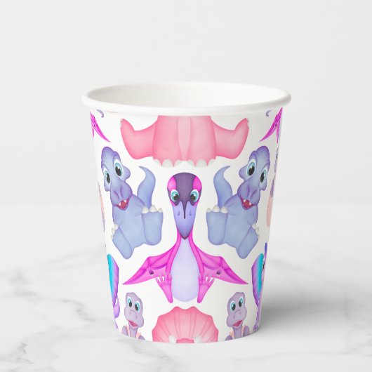 Roze Waterverf Dinosaur Birthday Baby shower Papieren Bekers (Achterkant)