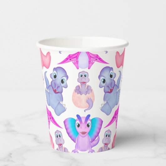 Roze Waterverf Dinosaur Birthday Baby shower Papieren Bekers (Links)