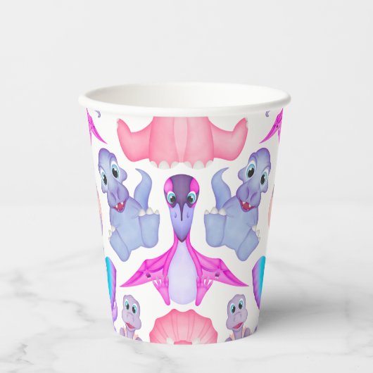 Roze Waterverf Dinosaur Birthday Baby shower Papieren Bekers (Voorkant)