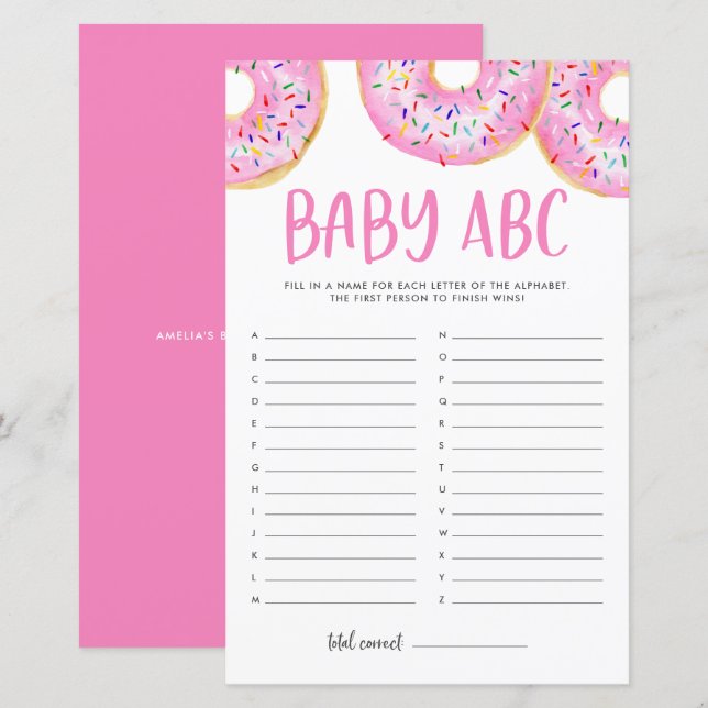 Roze Waterverf Donuts Baby ABC Baby shower Game (Voorkant / Achterkant)