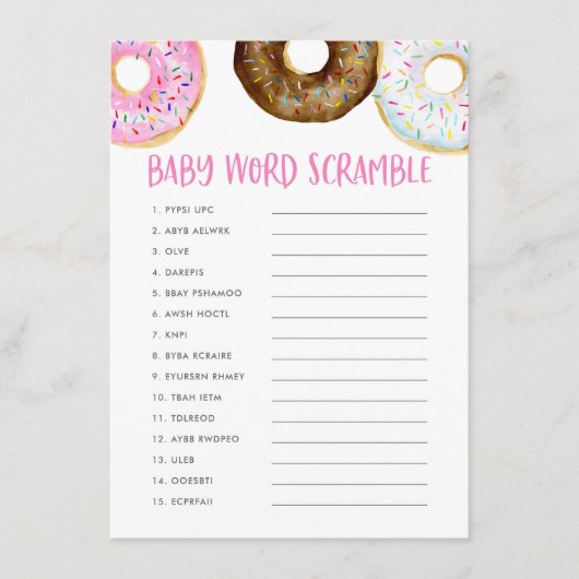 Roze Waterverf Donuts Baby shower Word Scramble Informatiekaartje (Voorkant)