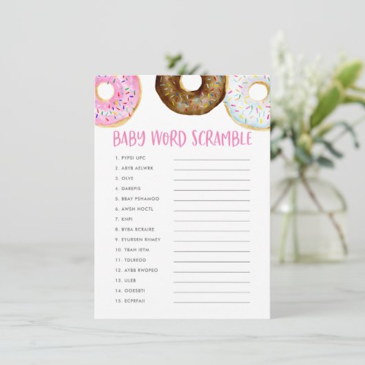 Roze Waterverf Donuts Baby shower Word Scramble Informatiekaartje (Staand voorkant)