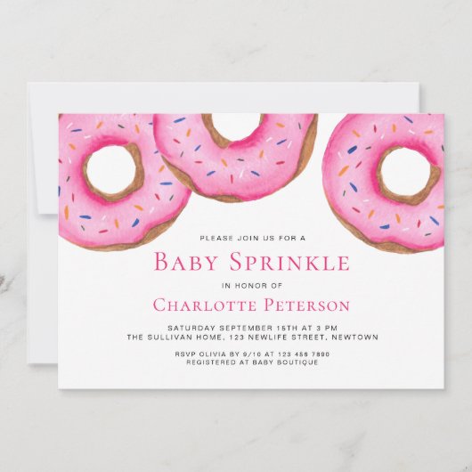 Roze Waterverf Donuts Meisje Baby Sprinkle Shower Kaart (Voorkant)