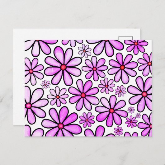 Roze Waterverf Doodle Daisy Flower Pattern Briefkaart (Voorkant / Achterkant)