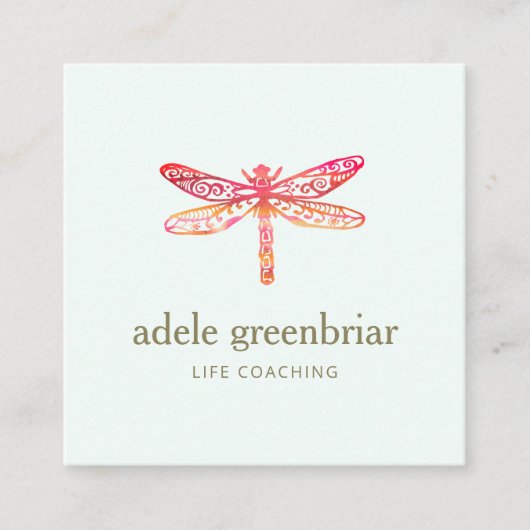 Roze Waterverf Dragonfly Logo Holistic Healer Vierkante Visitekaartje (Voorkant)