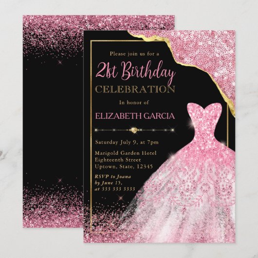 Roze Waterverf Dress en Glam Edge 21st Birthday Kaart (Voorkant / Achterkant)