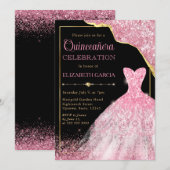 Roze Waterverf Dress en Glam Edge Quinceanera Kaart (Voorkant / Achterkant)