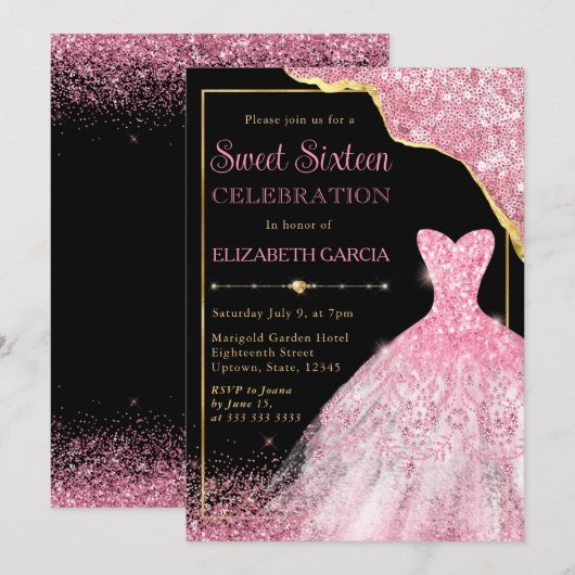 Roze Waterverf Dress en Glam Edge Sweet Sixteen Kaart (Voorkant / Achterkant)