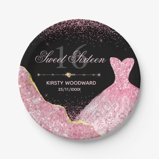 Roze Waterverf Dress Glam Edge Sweet 16 zaterdag Papieren Bordje (Voorkant)