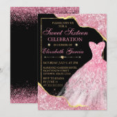 Roze Waterverf Dress & Glitter Glam Edge Sweet 16 Kaart (Voorkant / Achterkant)