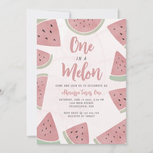 Roze Waterverf Eén in een Melon Girl First Birthda Kaart (Voorkant)
