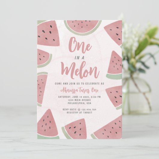 Roze Waterverf Eén in een Melon Girl First Birthda Kaart (Staand voorkant)