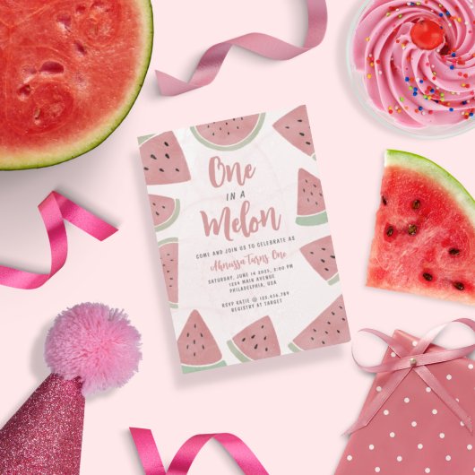 Roze Waterverf Eén in een Melon Girl First Birthda Kaart