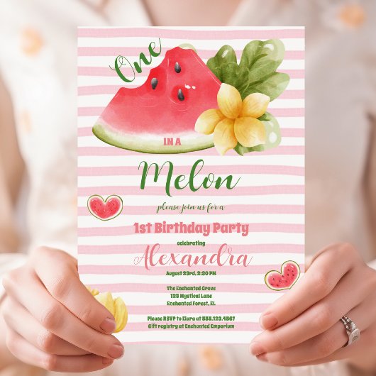 Roze Waterverf Eén in een Melon Girl First Birthda Kaart