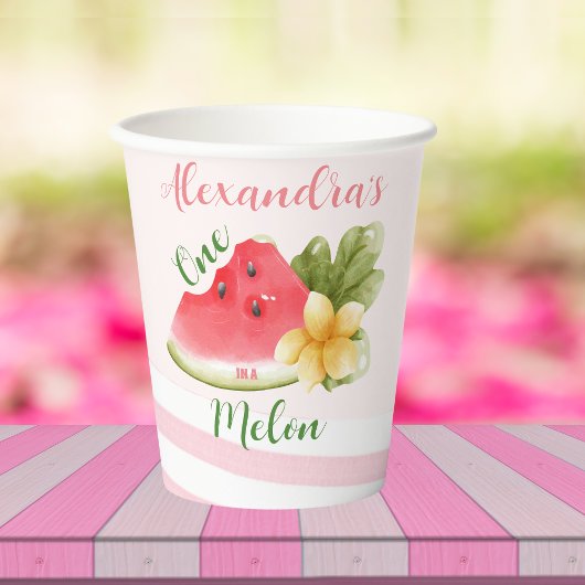 Roze Waterverf Eén in een Melon Girl First Birthda Papieren Bekers