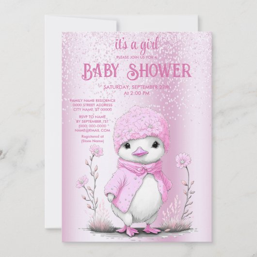 Roze Waterverf Eend Baby shower Invitation Kaart (Voorkant)
