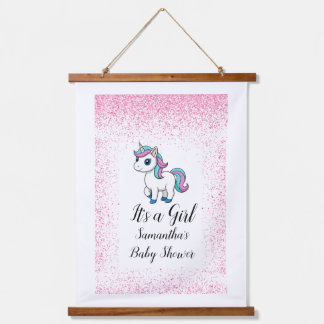   Roze waterverf eenhoorn babyshower Hangend Wandkleed